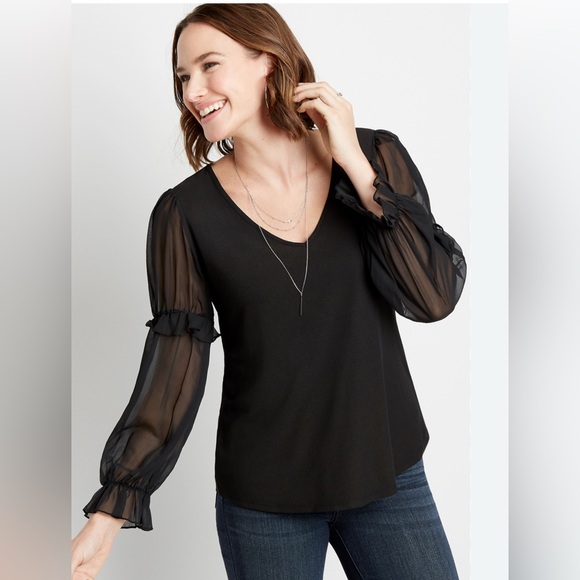 Maurices Plus Size Black Sheer Ruffle Sleeve V Neck Top Blouse XL - Picture 3 of 11